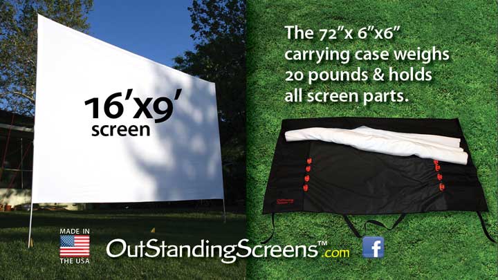 OutStanding Screens complete outdoor movie screen kit with screen poles ropes stakes hardware and carrying case